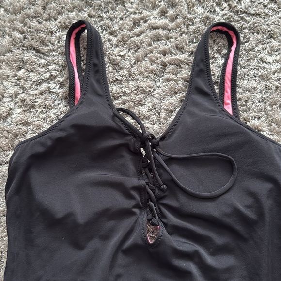 PINK Victoria's Secret Black and Pink One Piece Swimsuit with Ruched Bust - Picture 2 of 6
